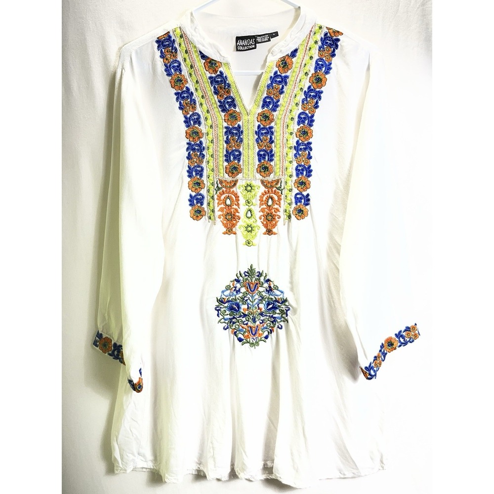 ANANDAS Boho Embroidered Tunic Top Large‎ Rayon Artsy Colorful Peasant Top